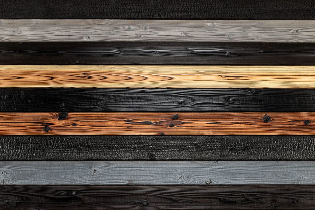 Variety of surfaces and colour options of Yakisugi